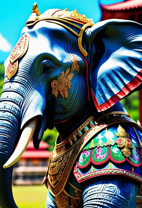 Brightly colored war elephant wearing ancient warrior armor. Full body image with beautiful Thai patterns decorated on the body, sparkling with beautiful silver, beautiful background view. Ultra 8K resolution macro lens, realistic images