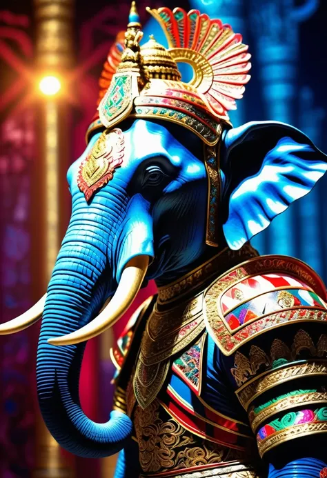 Brightly colored war elephant wearing ancient warrior armor. Full body image with beautiful Thai patterns decorated on the body, sparkling with beautiful silver, beautiful background view. Ultra 8K resolution macro lens, realistic images