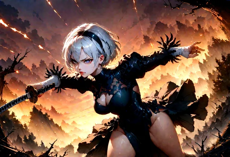 2b,(work of art), ultra detaild, White hair, black gown, Action, battle pose, standing with legs open, katana, wall-paper, destroyed forest background, SUNSET, smoke in the sky, sparks, serious facial expression, ideal female body, adult, opaque color pale...