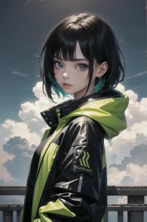 (masterpiece, Highest quality, Ultra-high resolution),One girl,short hair,Black Hair,Jacket,(multicolor Jacket green and black),Looking at the audience,Focus on the girl,Cloudy,Beautiful and elaborate face, Fine grain,Gray and black theme