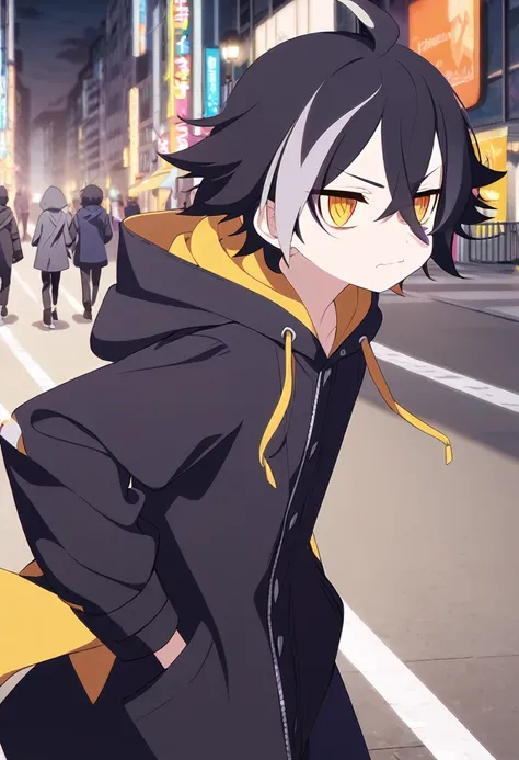 (One cute boy,blue-purplestreaked black hair,Shortcuts,yellow eyes,Sharp Eye,Hooded coat)Walking in the city