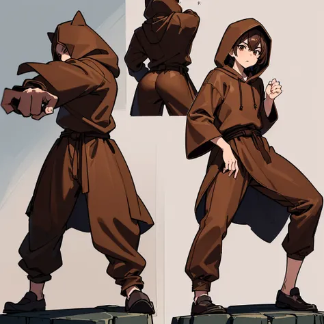 (Full body character concept)、((((behindから、behind姿、behind))))、(((Wear a brown hood)))、(((Long sleeve、Brown robes、pants、Black shoes)))、Best illustrations、Best Quality、(23 years old)、Medieval Fantasy、Fighting stance、(White background)