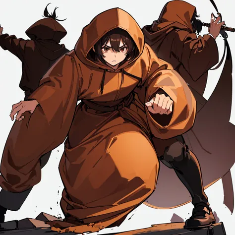 (Full body character concept)、((((behindから、behind姿、behind))))、(((Wear a brown hood)))、(((Long sleeve、Brown robes、pants、Black shoes)))、Best illustrations、Best Quality、(23 years old)、Medieval Fantasy、Fighting stance、(White background)