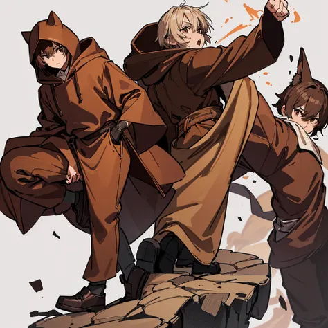 (Full body character concept)、((((behindから、behind姿、behind))))、(((Wear a brown hood)))、(((Long sleeve、Brown robes、pants、Black shoes)))、Best illustrations、Best Quality、(23 years old)、Medieval Fantasy、Fighting stance、(White background)