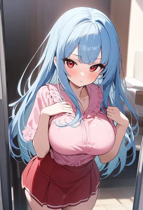 My name is Yukiko., I am a white test ,with light blue  hair, red eyes and I am 138 cm tall and weigh 34 kg. My breasts measure 160 cm, my waist measures 20 cm and my hips measure 60 cm. Dressed in a pink blouse and short red skirt . With breasts 160 cm