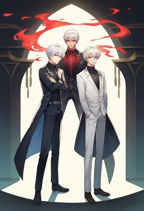 anime boy with red eyes and white hair wearing suit, two handsome anime men, Sirius A and Sirius B, with glowing red eyes, luminous red eyes, with glowing red eyes, Nagisa Kaworu, silver eyes full body, with bright eyes, red eyes and thin face, tall anime ...