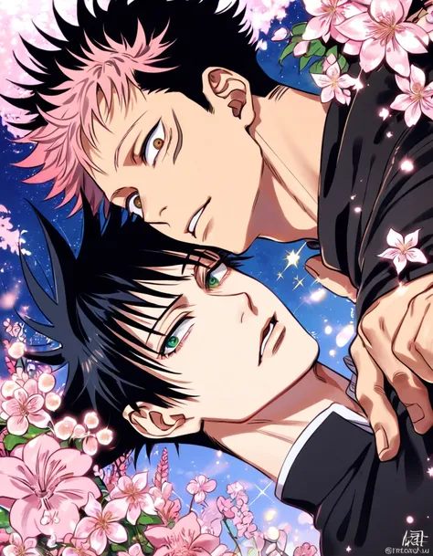 absurdres, highres, ultra detailed, HDR, master piece, best quality, extremely detailed, Fushiguro Megumi, black hair, expressive green eyes, Jujutsu Kaisen, Itadori Yuuji, pink hair, expressive brown eyes, two sexy men together, gay couple, yaoi, handsome...