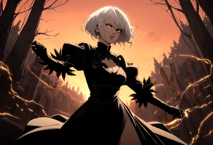 2b,(work of art), ultra detaild, white hair, black gown, action, battle pose, standing with legs open, katana, wall-paper, destr...