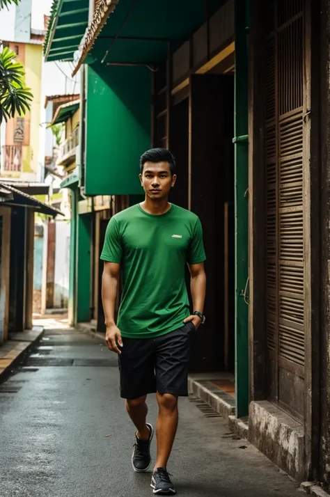 Malay guy dark, tall, short hair with green t-shirt walk at penang malaysia