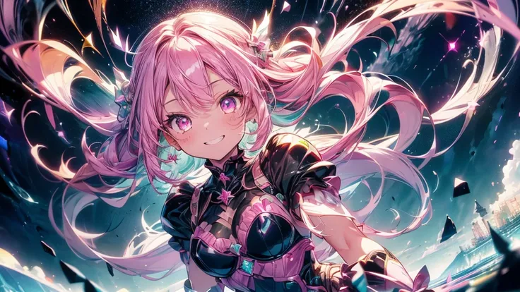 Equipment:2.Gemstone brilliance:2.whole body:2.Star Fairy:2.hourglass、Equipment:2、((Tabletop))),((Ultra-detailed,Highest quality, High resolution)), (1 Girl)((Pink Hair, Long Hair,Straight hair,Both sides up)) (Green Eyes),eye shadow, Eyeliner,Glow Eyes, U...