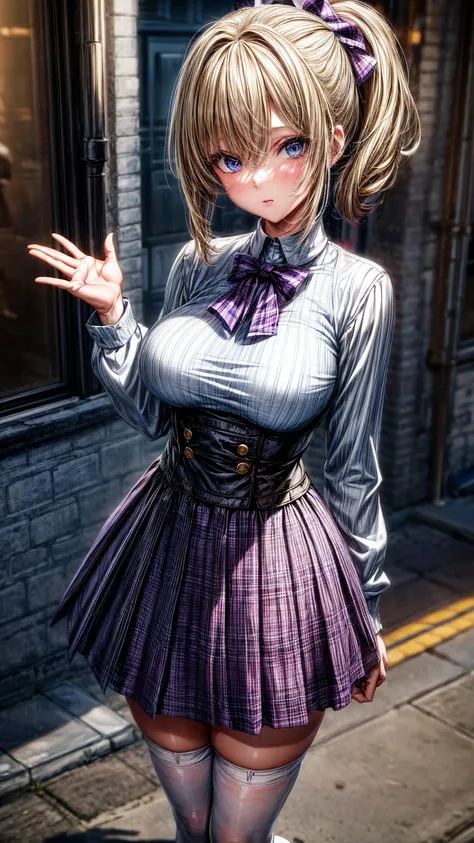 1girl,masterpiece,best quality,blonde hair,(ponytails),blue eyes,(white stockings),(purple plaid skirt),short skirt,standing,in full length,medium breasts,white t shirt,in front of streets,extremely detailed,[[realistic]],beautiful alluring anime teen,sedu...