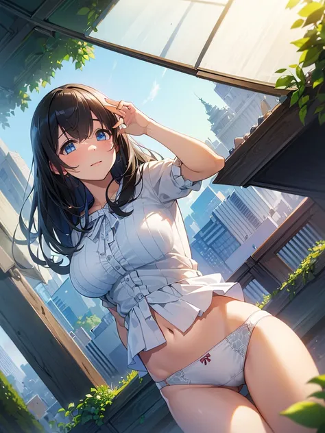 ((masterpiece) (((((Highest quality))))((high resolution))))), Very detailed, Ultra-realistic, )、、、City、building、、(、Embarrassed face、、、From below、((Low - Angle))、、garden、、Cowboy Shot、((White panties))、()Leg spread、、White Bra、squat、Black Hair、Big Breasts