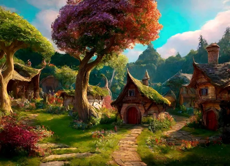 A breathtaking, high-contrast cinematic 8K 3D Disney-style rendering, of a fairy-tale village nestled in a lush forest with dens , . The dens are build in the middle of ancient trees giving then fresh air and shadow. Around the dens, vegetable gardens and ...