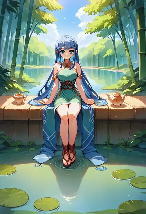 masterpiece, Highest quality, Official Art, 8k wallpaper, Very detailed, figure, 1 Girl, Sky blue hair, Long Hair, Fine grain, Forrest Gump, Bare shoulders, Hanfu, lake, Pure, A kind smile, bamboo, tea