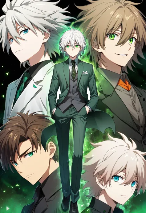 anime boy with green eyes and brown hair wearing a suit, two handsome anime men, Sirius A and Sirius B, With bright green eyes, luminous green eyes, With bright green eyes, Nagisa Kaworu, whole body, with bright eyes, green eyes and thin face, Nagito komae...