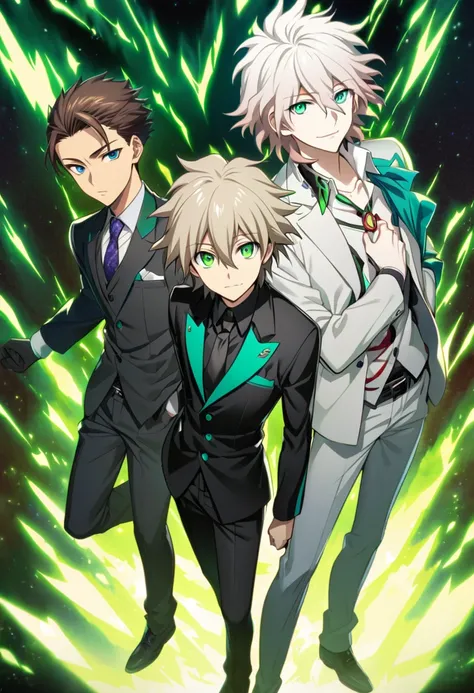 anime boy with green eyes and brown hair wearing a suit, two handsome anime men, Sirius A and Sirius B, With bright green eyes, luminous green eyes, With bright green eyes, Nagisa Kaworu, whole body, with bright eyes, green eyes and thin face, Nagito komae...