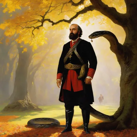 Georgian nationality, Georgian Middle-aged man in traditional outfit, with serious face, looking forward, under giant oak tree, man Bound by snake, man holding snake head, Autumn, leaf on ground, art by Albert Bierstadt, artistic, cinematic, very detailed,...