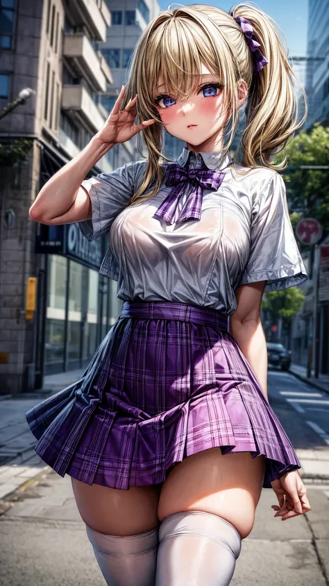 1girl,masterpiece,best quality,blonde hair,(ponytails),blue eyes,(white stockings),(purple plaid skirt),short skirt,standing,in full length,medium breasts,white t shirt,in front of streets,extremely detailed,[[realistic]],beautiful alluring anime teen,sedu...