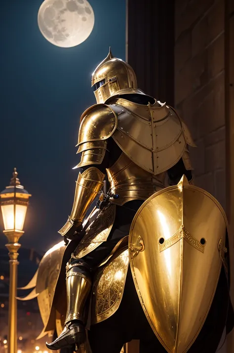 A knight in golden armor looking at a full moon 