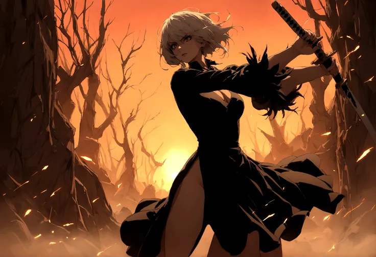 2b,(work of art), ultra detaild, fully body, soft hair, black gown, neckleace, action, battle pose, standing with legs open, kat...