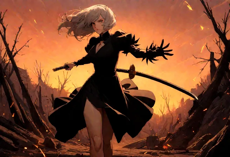 2b,(work of art), ultra detaild, fully body, soft hair, black gown, neckleace, action, battle pose, standing with legs open, kat...