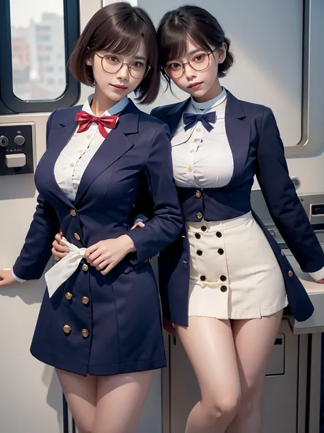 Highest quality、masterpiece、、Very detailed、Realistic、(Two Girls)、(Looking at me with a mischievous smile)、whole body、Small face、Narrow shoulders、(Big Breasts:1.4)、Thin and beautiful legs、Tight and slim waist、 uniform、(Navy blue blazer jacket)、(White shirt ...