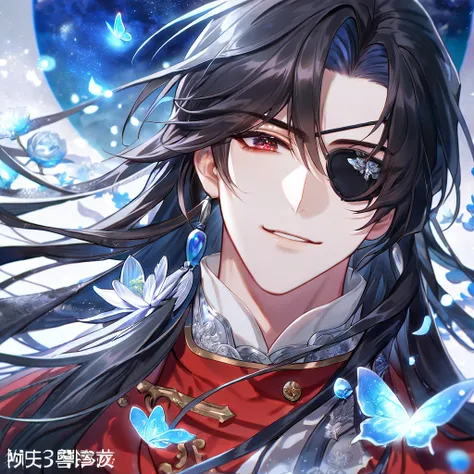 absurdres, highres, ultra detailed, HDR, master piece, Hua Cheng, black long hair, expressive red eye, black eye patch on his let eye, Heaven Officials Blessing, sexy man, handsome, best quality, blue moon, flowers, fantasy, magical, solo, water, blue shin...