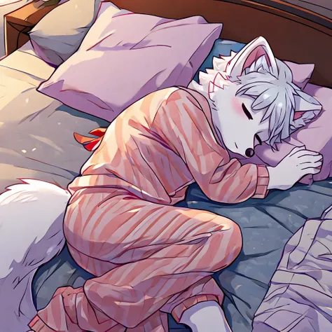 arctic fox in pajamas sleeping, 独奏, fluffly, mascle, bed-in