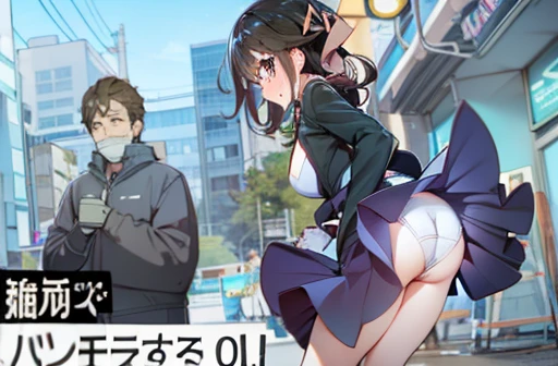 Skirt hem、Butt、White underwear、Big Tits、Huge breasts、blush、Wavy Hair、Handsome、Underwear that is digging in、Open your mouth、profile、Angry face