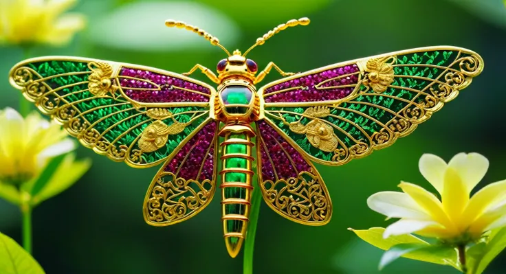 Bright green and rainbow-colored golden ruby ​​insect wearing ancient warrior armor with very beautiful wings and beautifully decorated Thai patterns on the body, sparkling with beautiful gold, morning view perched on a green flower. Ultra8K resolution mac...