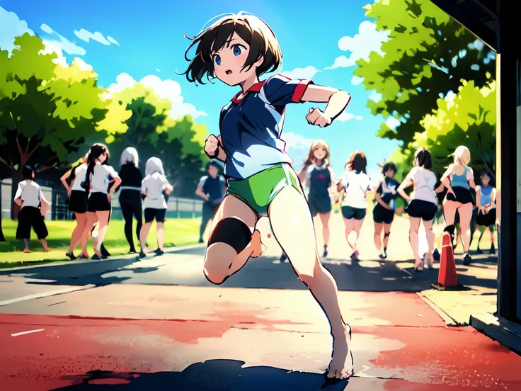 Highest quality,1990s anime style illustration,barefoot,Multiple Girls,Girls in gym clothes、Stand in line、Running in the schoolyard,All the girls are barefoot,The girls were sweating、I&#39;ll run for my life,White T-shirt and blue shorts,Several girls run ...