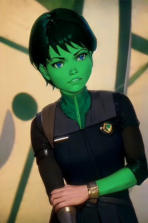 ultra detailed, masterpiece, best quality, solo, 
 d0tmatrix, green skin, dark green hair, black hair,  gallia_uniform, beret,