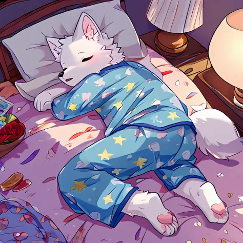 arctic fox in pajamas sleeping, 独奏, fluffly, mascle, bed-in