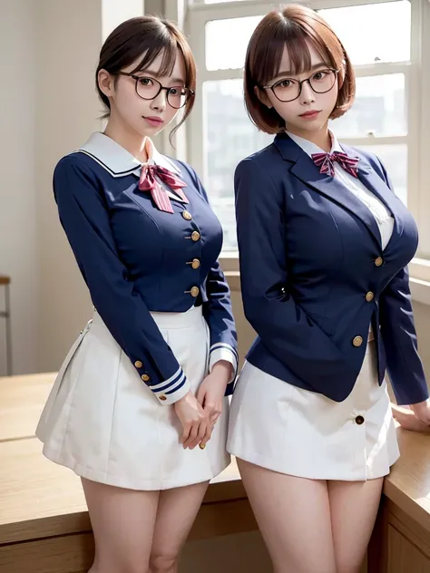 Highest quality、masterpiece、、Very detailed、Realistic、(Two Girls)、(Looking at me with a mischievous smile)、whole body、Small face、Narrow shoulders、(Big Breasts:1.4)、Thin and beautiful legs、Tight and slim waist、 uniform、(Navy blue blazer jacket)、(White shirt ...