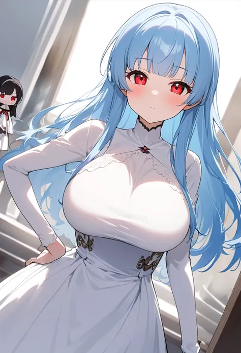 My name is Yukiko.I am a white test a doll  with long light blue hair,red eye color.I am 1.62 cm tall . My breasts measure 200 cm, my waist 40 cm and my hips 200 cm. dressed in a simple white dress. With big breasts 200 cm