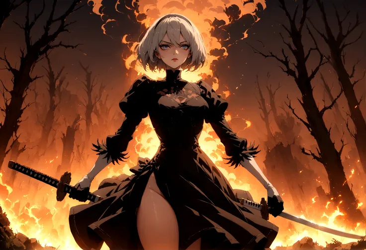 2b,(work of art), ultra detaild, fully body, soft hair, black gown, neckleace, action, battle pose, standing with legs open, kat...