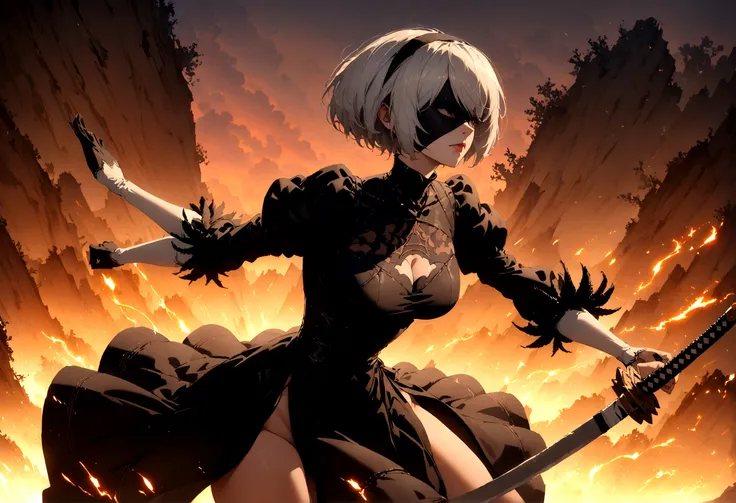 2b,(work of art), ultra detaild, fully body, soft hair, black gown, neckleace, action, battle pose, standing with legs open, kat...