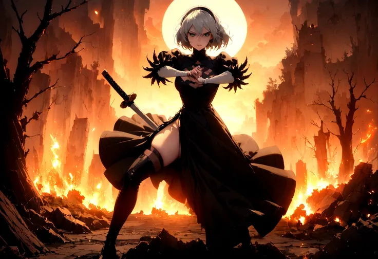 2b,(work of art), ultra detaild, fully body, soft hair, black gown, neckleace, action, battle pose, standing with legs open, kat...