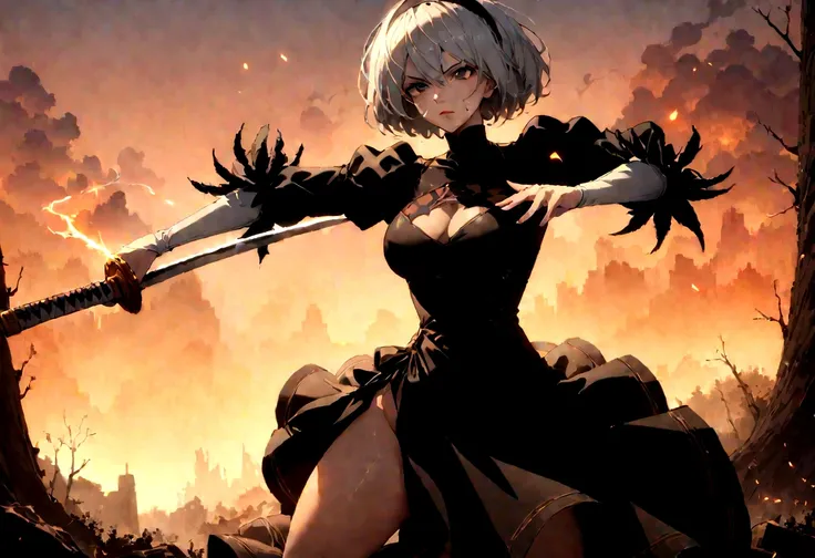 2b,(work of art), ultra detaild, fully body, soft hair, black gown, neckleace, Action, battle pose, standing with legs open, katana, wall-paper, destroyed forest background, SUNSET, smoke in the sky, sparks, serious facial expression, ideal female body, ad...