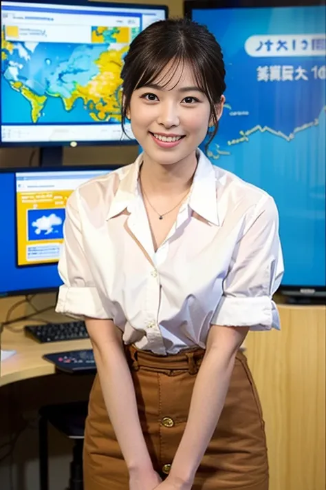 (a gorgeous japanese weathercaster lady, age 28, wearing formal white shirt with buttons & cyan pencil skirt, working in a news ...