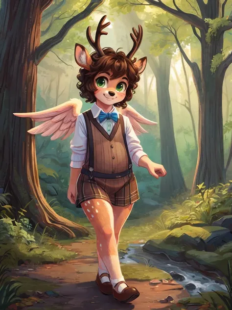 Cute, deer boy, small deer antlers, innocent, chubby, big thighs, androgynous, femboy, short curly hair, brown hair, fawn spots, freakles, ((cute)), smiling, walking in a Forrest, wearing cottage core outfit, cottage core outfit, , cute clothes, modest clo...