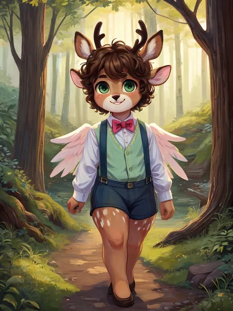 Cute, deer boy, small deer antlers, innocent, chubby, big thighs, androgynous, femboy, short curly hair, brown hair, fawn spots, freakles, ((cute)), smiling, walking in a Forrest, wearing cottage core outfit, cottage core outfit, , cute clothes, modest clo...