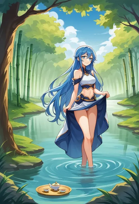 NSFW,masterpiece, Highest quality, Official Art, 8k wallpaper, Very detailed, figure, 1 Girl(Sky blue hair, Long Hair, Fine blue eyes, Forrest Gump, Bare shoulders, Hanfu),Full Art,skirt lift ,loincloth,Crotch crack,lake, Pure, A kind smile, bamboo, tea