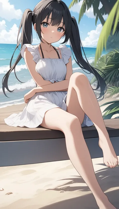 A black-haired girl sitting and lying on the beach、Pigtails、Sitting with legs crossed、summer、Summer Outfit、