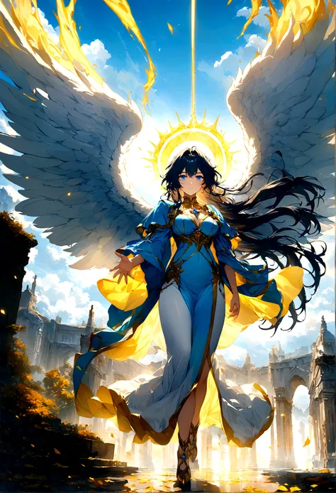 Angel Sariel, blue eyes, big white angelic wings, shining yellow aura, blue anicent silk robes, a full character image, high quality, master piece, extremely detailed, scenery, blue sky, white clouds