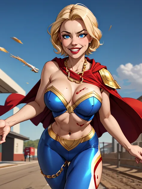 Young female, blonde with short hair, with big, bright blue eyes, wearing a blue costume, defined chest, wearing a golden shoulder pad in the shape of an eagle, with a golden chain running across his chest holding a red cape Smiling with blood splash on fa...