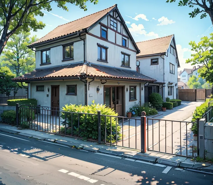 Picture of an English style house in a residential are surrounded by nature, the house has a small parking space. There are stairs in front of the house. The house has only one storey with large windows. Parking space, separate garage. Car in front of the ...