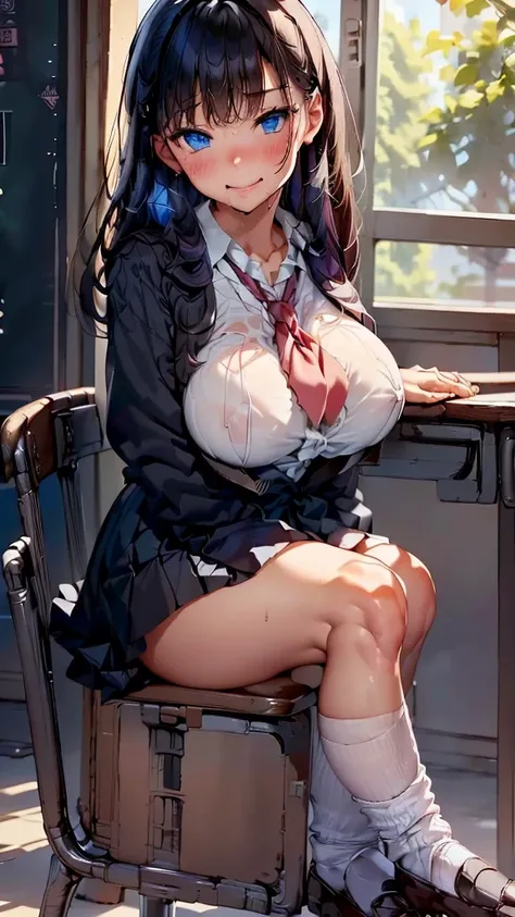 (Front angle:1.6)、(masterpiece, Official Art), One Girl, Black Hair, blue eyes, hair ornaments, Hair Clip,  (school uniform), (shirt), (tie), (skirt), (Wet), (Huge breasts), very good、sunlight,classroom、During class、 View Audience, Grin,Cum on face、 Charm,...