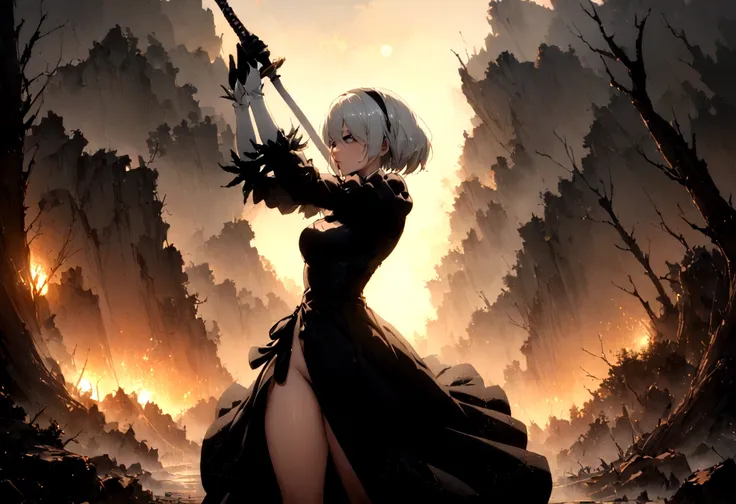 2b,(work of art), ultra detaild, fully body, soft hair, black gown, neckleace, action, battle pose, standing with legs open, kat...