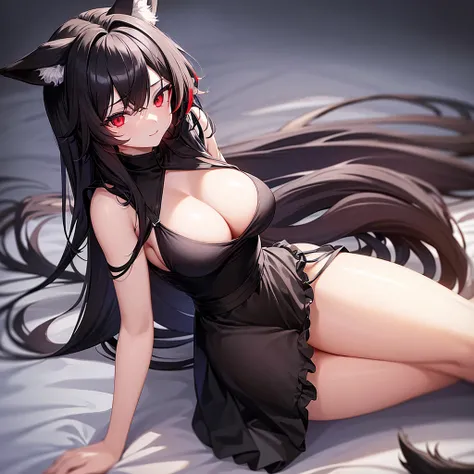 Female wolf alone without anyone together, wears a short black maid dress showing her panties, has long black fuzzy hair with red highlights, has red eyes, has big breasts, has wolf ears and a wolf tail.